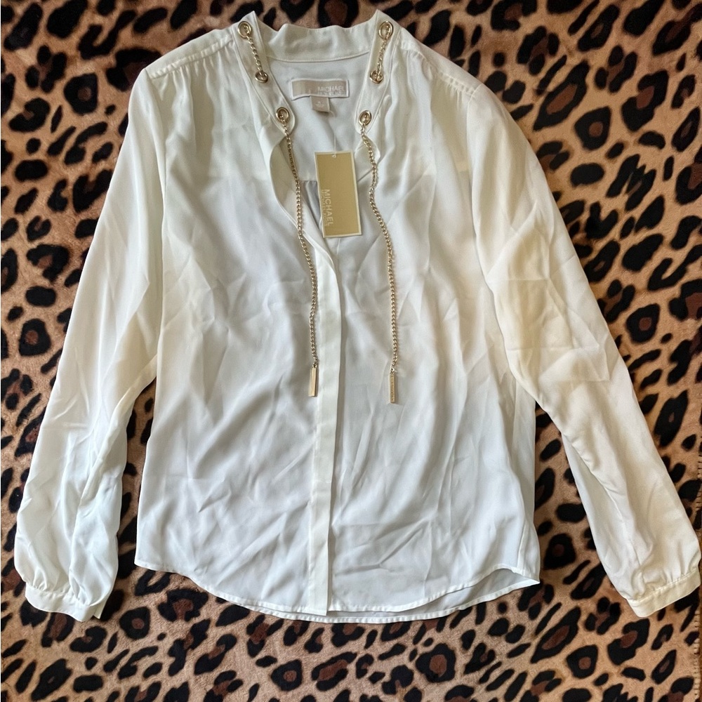 MICHAEL Michael Kors White Sheer Blouse with Gold Chain Hardware NWT 4